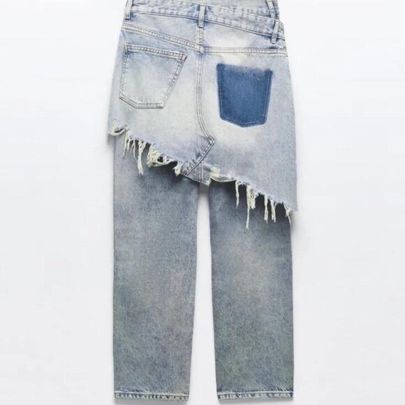 Women's Zara The Layered Denim Pant Blue Jeans Straight Leg Size 2 - Picture 6 of 12